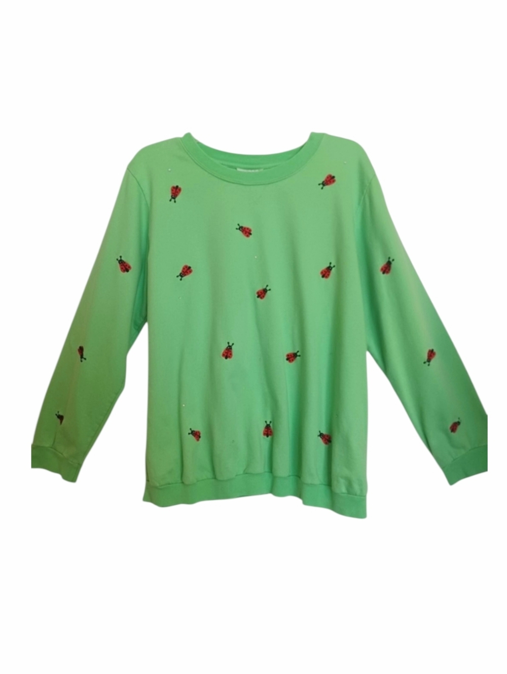 Quacker Factory Embroidered Ladybug And Sequin Sweatshirt Sz Med Bright Green